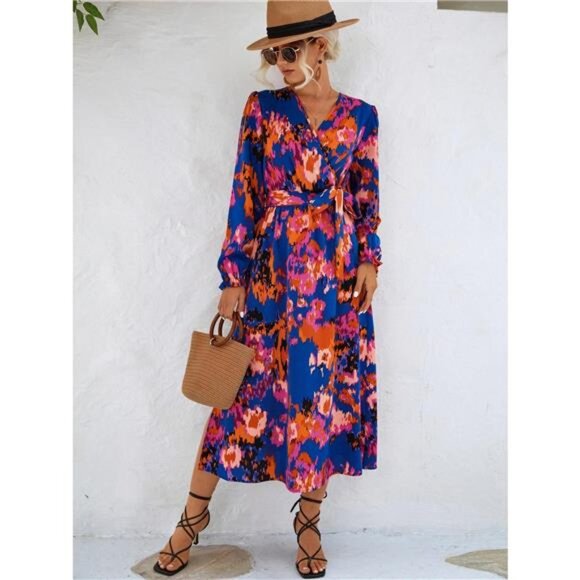 Printed Surplice Long Sleeve Midi Dress - Picture 7 of 11